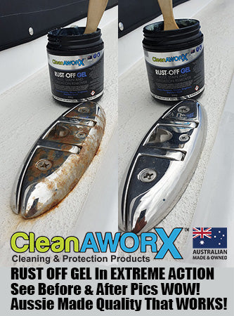 Before and After using Cleanaworx Rust Off Gel rust remover stainless steel